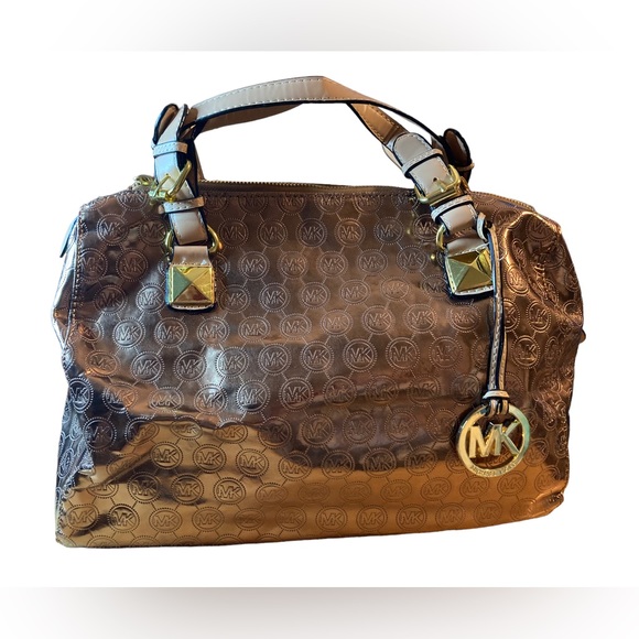 Michael Kors MK Monogrammed Shiny Gold Metallic Large Duffel Tote Purse Bag - Picture 2 of 14